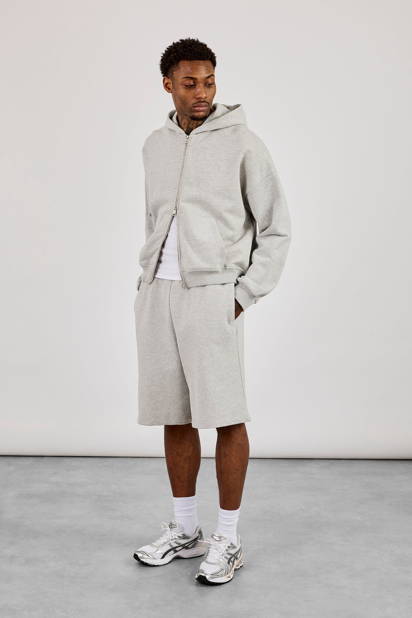 Zip Through Boxy Hoodie & Embroidered Jersey Jort - Grey Marl